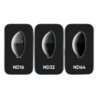 Trzy filtry o ciemnej, wypukłej powierzchni, każdy oznaczony jako ND16, ND32 i ND64, umieszczone na czarnym tle.