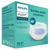 Opakowanie sterylizatora mikrofalowego marki Philips Avent z napisem "Sterilise easily, anywhere" oraz informacjami w trzech językach o lekkości i przenośności produktu, który mieści do 4 butelek Philips Avent z akcesoriami. Widoczny jest również napis "9