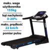 Bieżnia elektryczna z wyświetlaczem i uchwytami, obok której widnieją napisy: "maks. waga użytkownika 155kg", "kąt nachylenia 0-20%", "maks. prędkość 22 km/h", "pomiar pulsu".