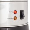 Srebrno-czarny warnik z pokrywą wyposażoną w czarny uchwyt oraz boczne uchwyty. Na pokrywie znajduje się naklejka z napisem: "CAUTION DO NOT TOUCH THE BODY WHEN BOILING".