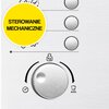Na zdjęciu widoczny jest panel sterowania kuchenki mikrofalowej z kilkoma przyciskami i pokrętłem. W żółtym okręgu znajduje się napis "STEROWANIE MECHANICZNE", a poniżej pokrętła widoczne są symbole wagi z oznaczeniem "Kg" oraz symbol auto z ikoną garnka.