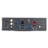 Na zdjęciu widoczny jest panel tylni płyty głównej z różnymi portami, w tym USB, Ethernet, audio oraz złączami antenowymi. Na panelu znajduje się logo producenta oraz oznaczenia poszczególnych portów.