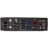 Czarny panel tylni płyty głównej z różnorodnymi portami, w tym USB, HDMI, Ethernet oraz audio, z widocznym logo ROG. Na panelu znajdują się także oznaczenia takie jak "Wi-Fi", "BIOS", "HDMI", "TYPE C", "SPDIF OUT", "LINE OUT", "MIC IN".
