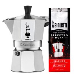 Kawiarka BIALETTI Moka Express 6 TZ Srebrno-czarny + Kawa mielona BIALETTI Perfetto Moka Classico 0.25 kg
