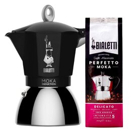 Kawiarka BIALETTI New Moka Induction 4 TZ Czarny + Kawa mielona BIALETTI Perfetto Moka Delicato Arabica 0.25 kg