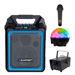 Zestaw do karaoke (Power audio BLAUPUNKT MB06 + Mikrofon JBL PBM100 + Kula świetlna MUSICMATE AB69S + Wytwornica dymu MUSICMATE DM-1)