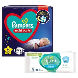 Pieluchomajtki PAMPERS Night Pants 6 (19 szt.) + Chusteczki nawilżane PAMPERS Harmonie Aqua (48 szt.)