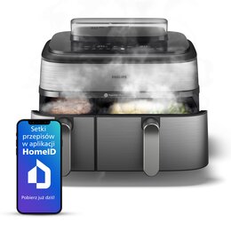 Air Fryer Frytkownica beztłuszczowa PHILIPS Ovi Dual Basket NA555/00 podwójny kosz gotowanie na parze i ponad 1000 przepisów