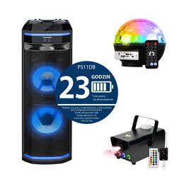Power Audio BLAUPUNKT PS11DB, 1200W, Bluetooth, Bateria 23 godziny, Dwa bezprzewodowe mikrofony w zestawie, Tuner FM + Kula świetlna MUSICMATE AB69S PartyBall + Wytwornica dymu MUSICMATE DM-1 Lumomist