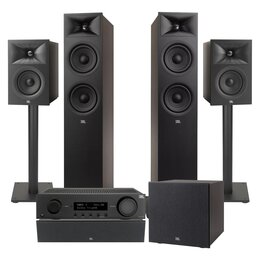 Amplituner JBL MA510 + Kolumny głośnikowe JBL Stage 2 260F (2 szt.) + Kolumna głośnikowa JBL Stage 2 240 B (2 szt.) + Głośnik centralny JBL Stage 2 245C (1 szt.) + Subwoofer JBL Stage 2 200 P + Stojaki do głośników JBL Stage FS (2 szt.) Czarny