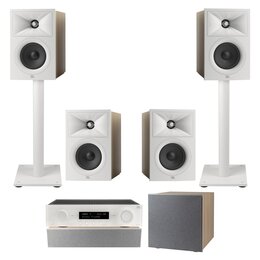 Amplituner JBL MA510 Biały + Kolumna głośnikowa JBL Stage 2 240 B Biały (4 szt.) + Głośnik centralny JBL Stage 2 245C Biały (1 szt.) + Subwoofer JBL Stage 2 200 P Biały + Stojaki do głośników JBL Stage FS Biały (2 szt.)