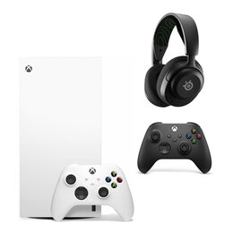 Konsola MICROSOFT XBOX Series X bez napędu Biały + Kontroler MICROSOFT bezprzewodowy Xbox Carbon Black + Słuchawki STEELSERIES Arctis Nova 5X Wireless, Nauszne, Dźwięk przestrzenny