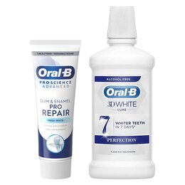 Płyn do płukania jamy ustnej ORAL-B 3D White Luxe Perfection 500 ml + Pasta do zębów ORAL-B Professional Gum & Enamel Pro-Repair Gentle Whitening 75 ml