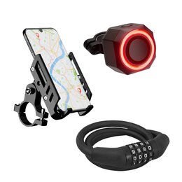 Lampka rowerowa VÖGEL BL950 + Zapięcie rowerowe VÖGEL VZP-008B Linka Czarny + Uchwyt na telefon do roweru VÖGEL VUC601