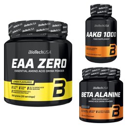 Aminokwasy Beta-alanina BIOTECH (300 g) + Aminokwasy EAA BIOTECH Zero Cytrynowy (350 g) + Przedtreningówka BIOTECH AAKG 1000 (100 tabletek)