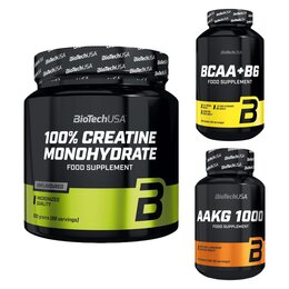 Monohydrat kreatyny BIOTECH 100% Creatine Monohydrate (300 g) + Aminokwasy BCAA BIOTECH +B6 (200 tabletek) + Przedtreningówka BIOTECH AAKG 1000 (100 tabletek)