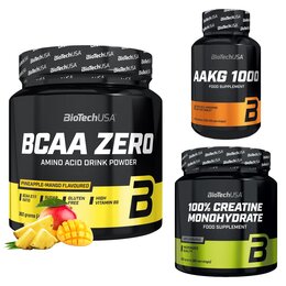 Monohydrat kreatyny BIOTECH 100% Creatine Monohydrate (300 g) + Aminokwasy BCAA BIOTECH Zero Ananasowo-mango (360 g) + Przedtreningówka BIOTECH AAKG 1000 (100 tabletek)