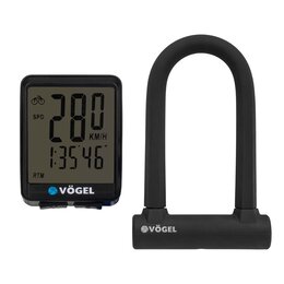 Licznik rowerowy VÖGEL VL2B Podświetlany + Zapięcie rowerowe VÖGEL VZP301 U-lock Czarny