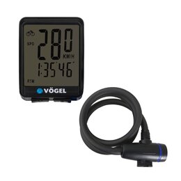 Licznik rowerowy VÖGEL VL2B Podświetlany + Zapięcie VÖGEL VZP-001B Linka