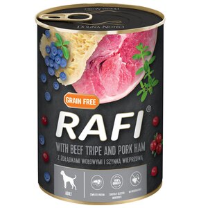 Karma dla psa RAFI Żołądki wołowe i szynka z borówką i żurawiną 400 g