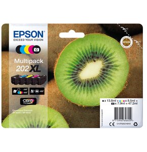 Zestaw tuszów EPSON 202XL Czarny 13.8 ml, Błękitny 8.5 ml, Purpurowy 8.5 ml, Żółty 8.5 ml, Czarny fotograficzny 7.9 ml C13T02G74010