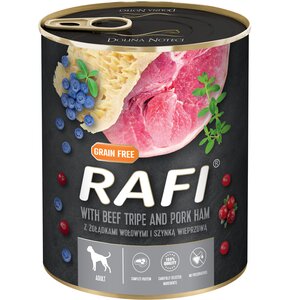 Karma dla psa RAFI Żołądki wołowe i szynka z borówką i żurawiną 800 g