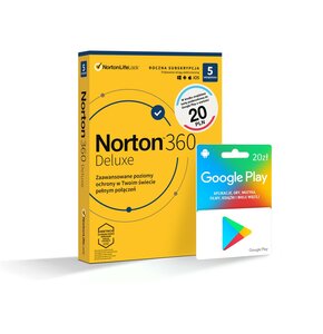 Antywirus NORTON 360 Deluxe 50GB 5 URZĄDZEŃ 1 ROK Kod aktywacyjny + Google Play 20 PLN