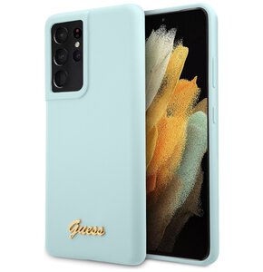 Etui GUESS Silicone Script Metal Logo do Samsung Galaxy S21 Ultra Niebieski
