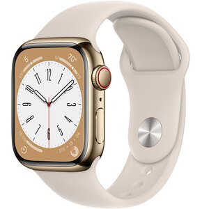 APPLE Watch 8 GPS + Cellular 41mm koperta ze stali nierdzewnej (złoty) + pasek sportowy (księżycowa poświata)