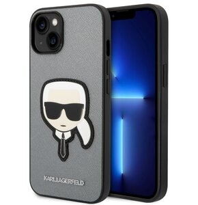 Etui KARL LAGERFELD Saffiano Karl s Head Patch do Apple iPhone 14 Srebrny