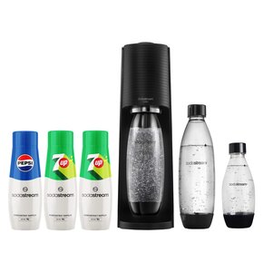 Saturator SODASTREAM Terra Czarny i Nabój SODASTREAM CO2 + Butelka SODASTREAM (3 szt.) + Syrop do saturatorów SODASTREAM 7UP 2 x 440 ml + Syrop do saturatorów SODASTREAM Pepsi 440 ml