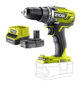Wiertarko-wkrętarka RYOBI R18DD3-0 + Akumulator RYOBI ONE+ RC18120-120 2Ah 18V + ładowarka