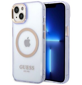Etui GUESS Gold Outline Translucent MagSafe do Apple iPhone 14 Purpurowo-złoty