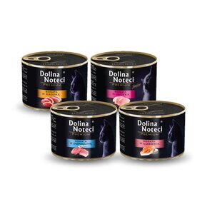 Karma dla kota DOLINA NOTECI Premium z łososiem, jagnięciną, kaczką + Premium Junior z indykiem 4 x 185 g