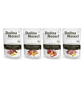Karma dla psa DOLINA NOTECI Premium Danie z kaczki z ziemniakami, kurczaka z makaronem, wołowiny z papryką i makaronem, łososiem z marchewką i ryżem 4 x 100 g