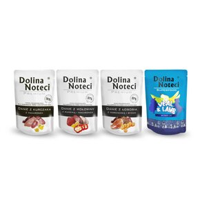 Karma dla psa DOLINA NOTECI Premium Danie z kurczaka z makaronem, Danie z łososia z marchewką i ryżem, Danie z wołowiny z papryką i makaronem, Superfood z cielęciną i jagnięciną 4 x 300g