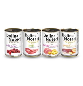 Karma dla psa DOLINA NOTECI Premium Pure Dziczyzna, Premium Pure Gęś z jabłkiem, Premium Pure Indyk z ziemniakami, Premium Pure Jagnięcina 4 x 400 g