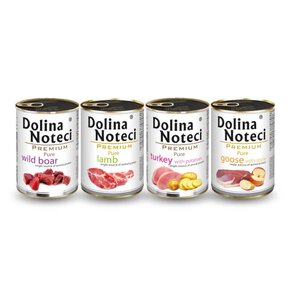 Karma dla psa DOLINA NOTECI Premium Pure bogata w dziczyznę, gęś z jabłkiem, indyka z ziemniakami, jagnięcinę 4 x 400 g