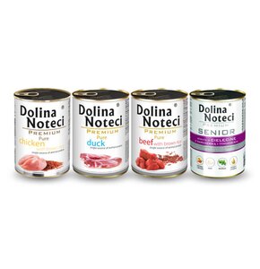Karma dla psa DOLINA NOTECI Premium Pure bogata w kaczkę, kurczaka z ryżem, wołowinę z ryżem + Premium Senior bogata w cielęcinę z marchewką i tymiankiem 4 x 400 g
