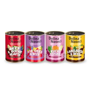 Karma dla psa DOLINA NOTECI Superfood z kaczką i przepiórką, kangurem i wołowiną, sarną i wołowiną, wołowiną i sercami gęsi 4 x 400 g