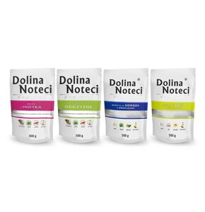 Karma dla psa DOLINA NOTECI Premium bogata w dorsza z brokułami, dziczyznę, gęś z ziemniakami, indyka 4 x 500 g