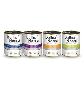 Karma dla psa DOLINA NOTECI Premium bogata w dorsza z brokułami, gęś z ziemniakami, kaczkę z dynią, królika z żurawiną 4 x 800 g