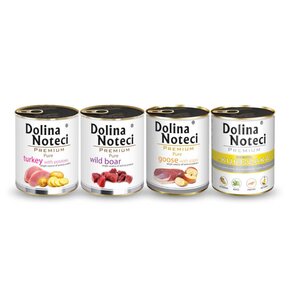 Karma dla psa DOLINA NOTECI Premium bogata w kurczaka, dziczyznę, gęś z jabłkiem, indyka z ziemniakami 4 x 800 g