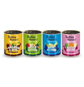 Karma dla psa DOLINA NOTECI Superfood z cielęciną i jagnięciną, jeleniem i kaczką, kaczką i przepiórką, kangurem i wołowiną 4 x 800 g