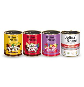 Karma dla psa DOLINA NOTECI Superfood z kangurem i wołowiną, sarną i wołowiną, wołowiną i sercami gęsi, bogatą w wołowinę 4 x 800 g