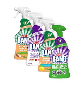Płyn do czyszczenia kuchni CILLIT Bang Naturally Powerful, Power Cleaner Tłuszcz Smugi Spray + Płyn do czyszczenia łazienki CILLIT BANG Naturally Powerful, Wybielanie i higiena 4 x 750ml