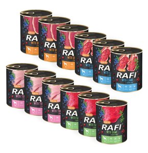 Karma dla psa RAFI z dziczyzną, indykiem, jagnięciną, kaczką (z borówką i żurawiną) 12 x 800 g