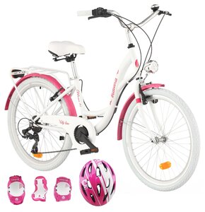 Rower młodzieżowy INDIANA Moena 24 cale dla dziewczynki Biało-różowy + Kask rowerowy VÖGEL VOK-450S Różowy dla dzieci (Rozmiar S) + Zestaw ochraniaczy