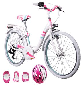 Rower młodzieżowy MBM Fleur 24 cali dla dziewczynki Biały + Kask rowerowy VÖGEL VOK-450S Różowy dla dzieci (Rozmiar S) + Zestaw ochraniaczy