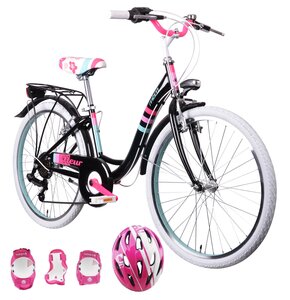 Rower młodzieżowy MBM Fleur 24 cali dla dziewczynki Czarny + Kask rowerowy VÖGEL VOK-450S Różowy dla dzieci (Rozmiar S) + Zestaw ochraniaczy